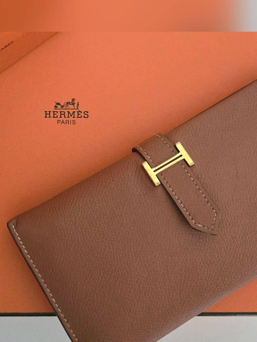 Authentic HERMES Bearn Soufflet Bifold Brown & Gold Iconic "H" Wallet Clutch Set